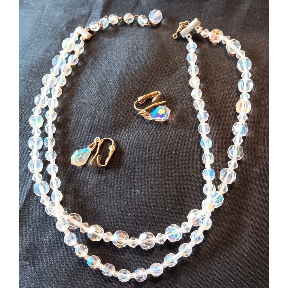Vtg Faceted Crystal Aurora Borealis Necklace & Clip Earrings 2 Strand Graduated